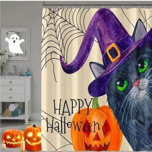 Funny Happy Halloween Cat Shower Curtain for Bathroom, Halloween Party Home Deco